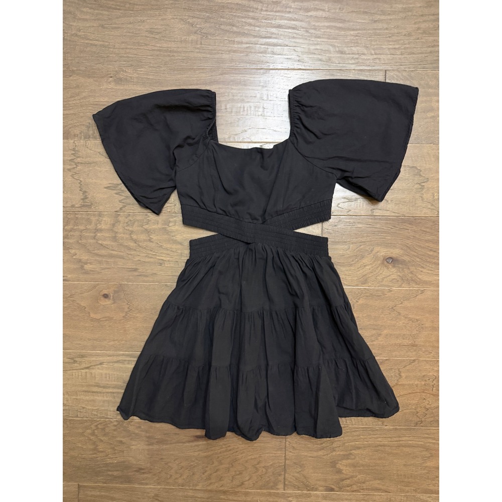 Shy Velvet Black Cotton Cutout Tiered Mini Dress Flutter Sleeve Smocked Back M
